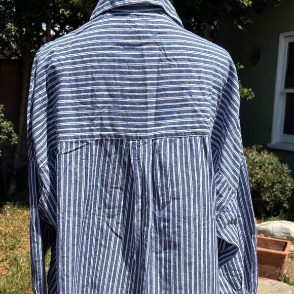 French Connection Blue Striped Button-Front Shirt Large Cotton High-Low Hem - Picture 6 of 8